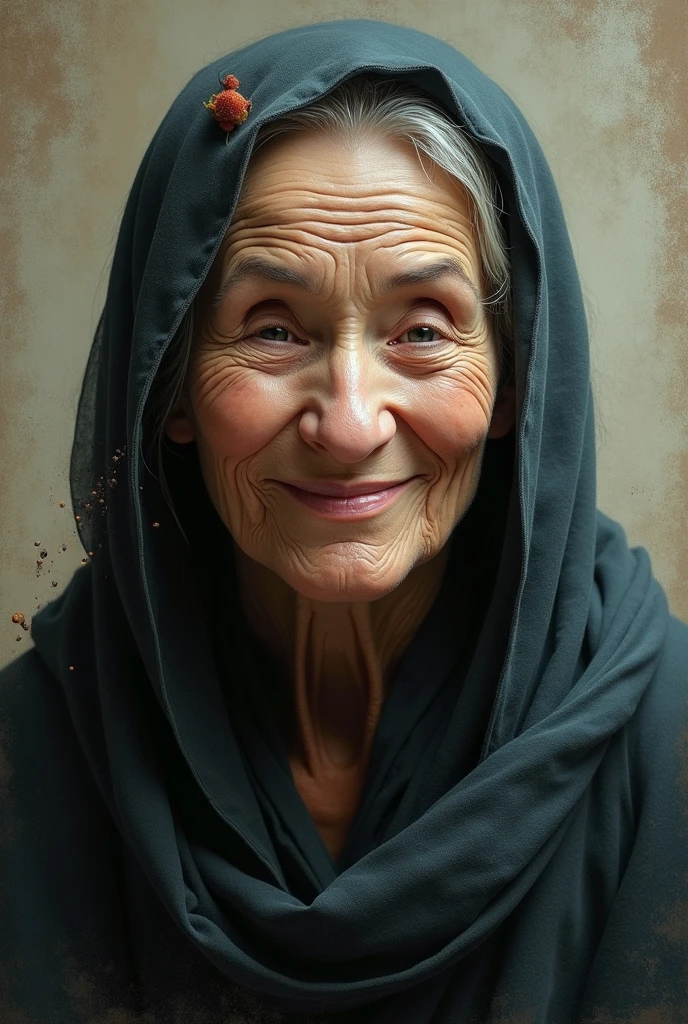 Arabic elderly woman in her 70s wearing hijab, exuding warmth with a genuine smile, movie poster