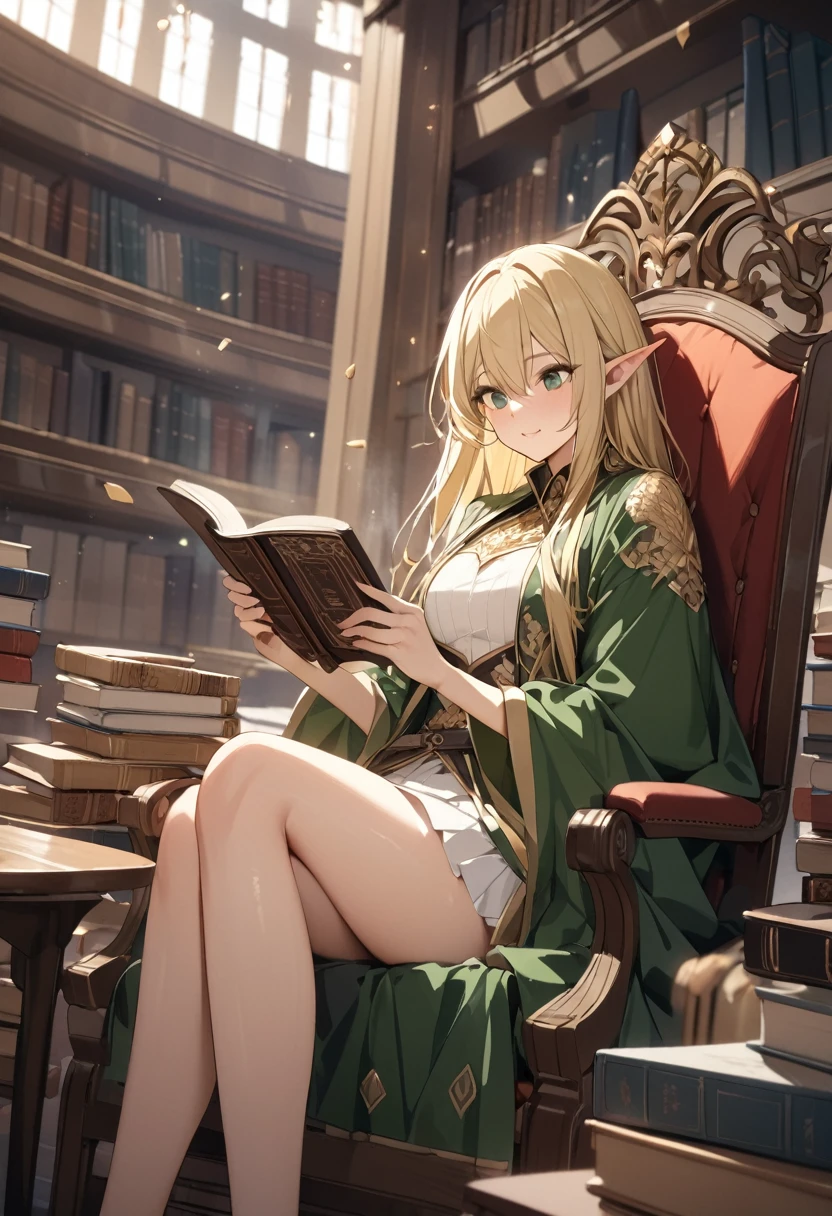((Fantasy art style)), (Elf Woman), One Woman, Very detailedな肌, (White mini skirt with gold embroidery), (Blonde high ponytail), (Shiny dark green eyes), (Green surcoat with gold embroidery), Big Breasts, (((Royal Capital National Library)), (A large space with lots of books)), sitting in a chair reading a book, Drop one&#39;s gaze to the book, Particles of light flying, Spirit Light, (Highest quality:1.2, Very detailed, Ultra-high resolution, masterpiece:1.2, Best aesthetics).