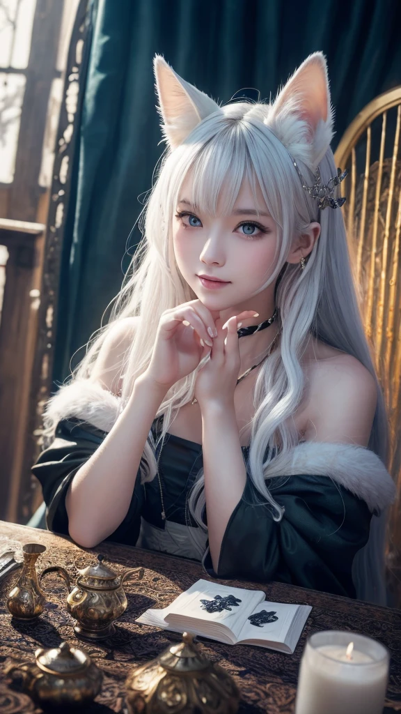 (masterpiece, highest quality, highest quality, official art, beautiful and aesthetic: 1.2), (one girl: 1.3), wavy long hair, white hair, Cat ears on the head,highly detailed portrait, highly detailed hands, looking at the viewer, alone, (whole body: 0.6), detailed background, close, shining eyes, (cold arctic winter theme: 1.1), fortune teller, Charlatan, grin, Mysterious, sitting at the table, カラフルな肩のないゆるいジプシーfortune tellerの服, holy grail, tarot cards, Crystal jade, Medieval (inner tent: 1.1) background, tent curtain on background, dark Mysterious lighting, Shadow, magical atmosphere, starry night, dutch angle, healing and guidance, transcendental beauty, fractal art, Seaweed,