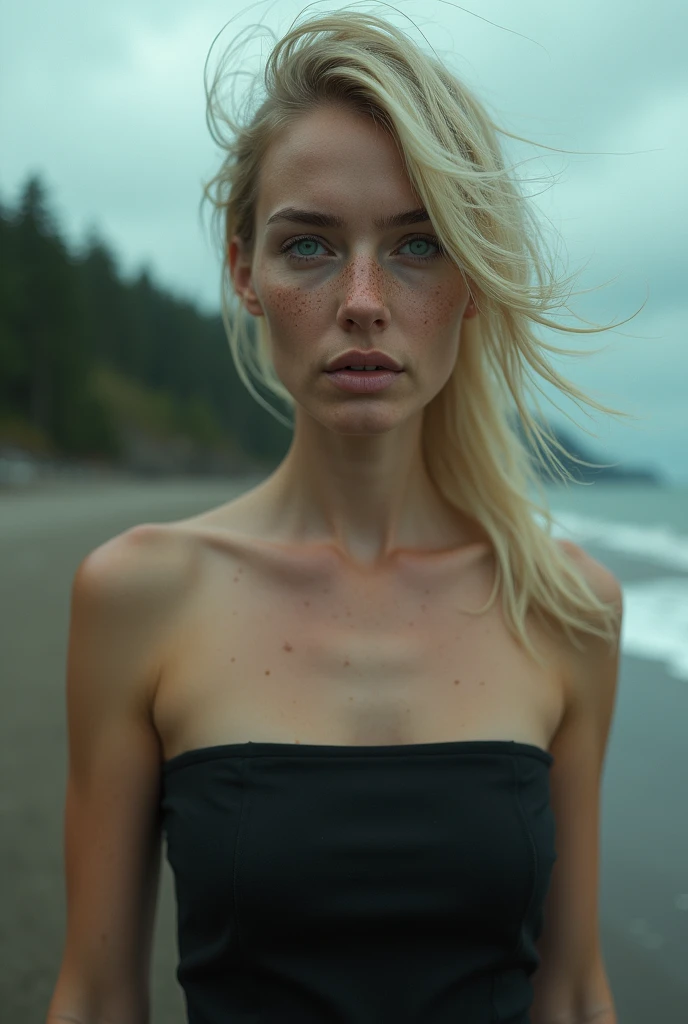 half body photo, young blonde woman, beach, photo realistic, Kodak Ultra Max, 85mm, shot on iphone 7, dslr, high quality, realistic, raw, 4k, analog