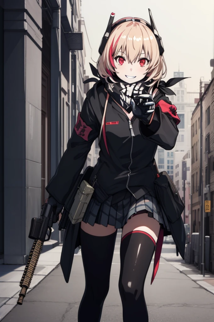 (masterpiece, best quality:1.2), illustration, HDR,  (shiny skin:1.3), 1girl, solo, SopmodNormal, black jacket, skirt, scarf, armband on left arm, headgear, thighhighs, smile, m4 carbine, aiming at viewer, 