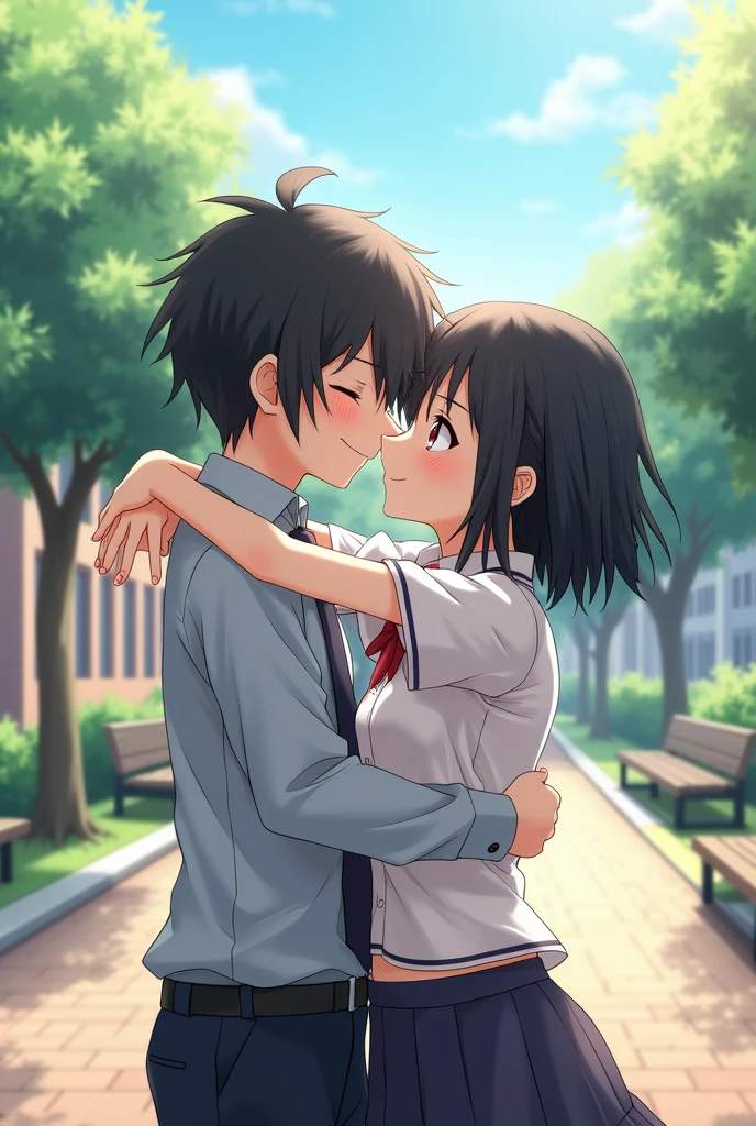 A student boy looking at her classmate girl who is sleeping on a school bench 
