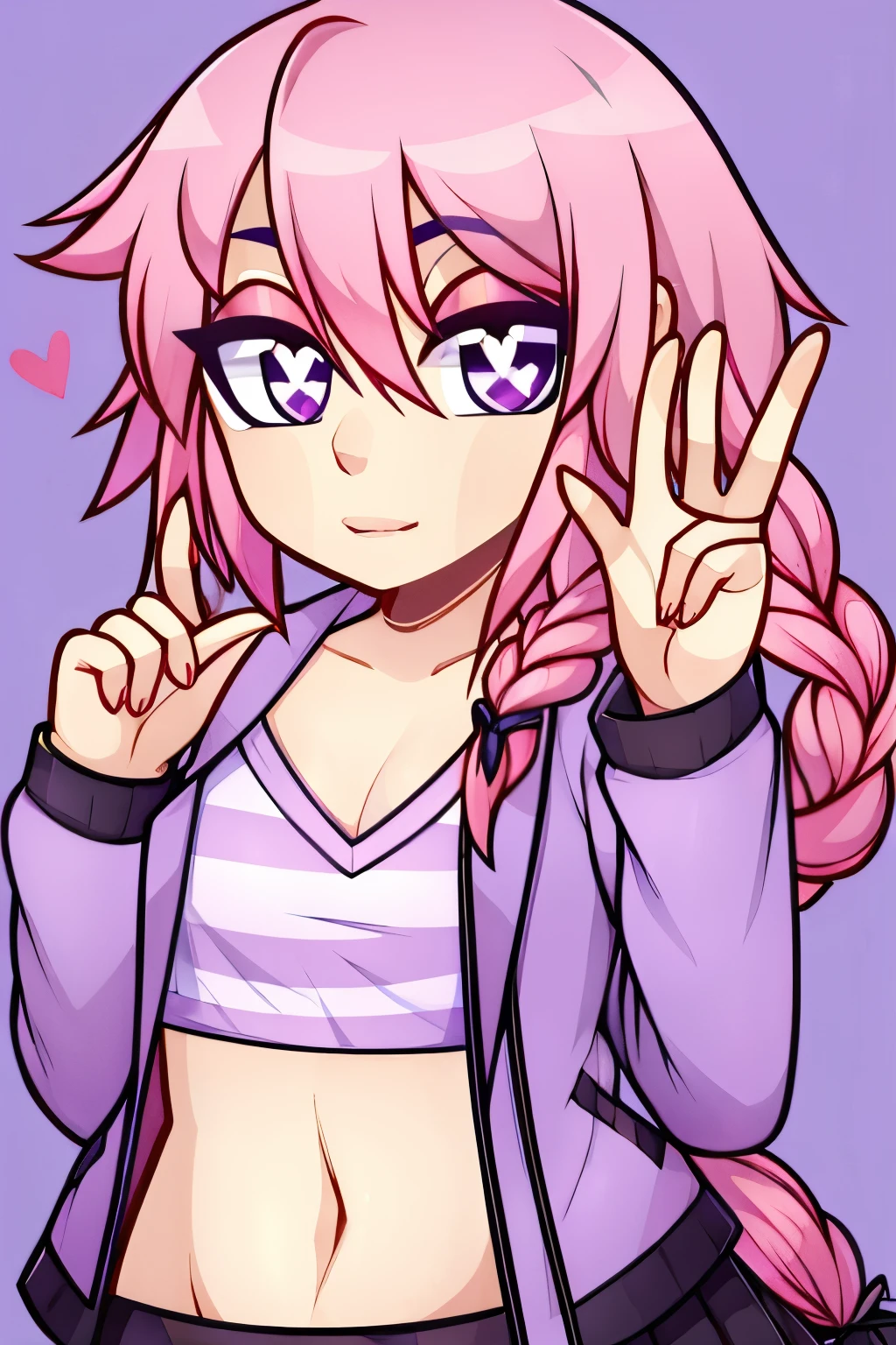 ((beautiful)+(attractive:0.9)+(sensual:0.8)),Astolfo, black skirt, long braid, braid, looking at viewer, purple eyes, hair between eyes,
, Huniecam Studios Art Style,simple background,heart shaped pupils,pink hair,flat chest no breasts,,purple jacket,striped shirt,hair intakes,finger poses