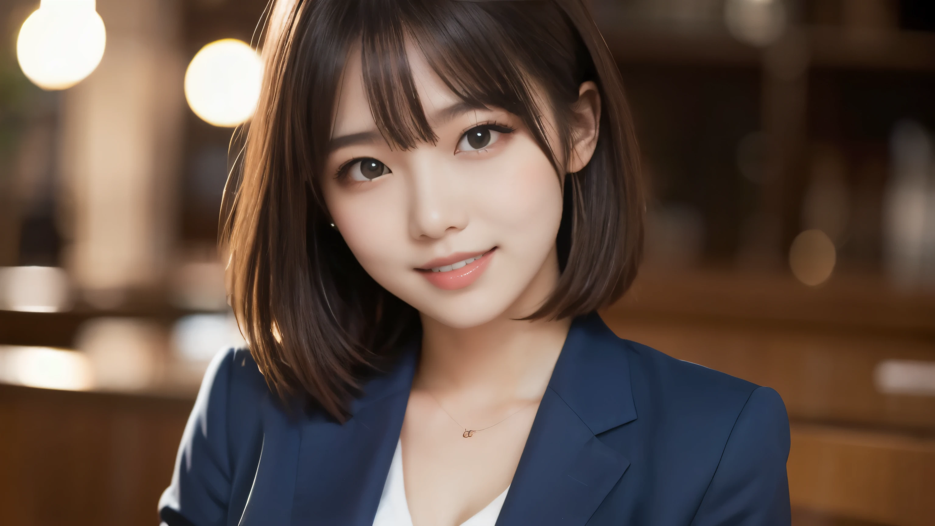 (完璧なボディを持つかわいいfemale, female), (office ladies),  (masterpiece, high quality:1.2), big breasts, Office Suits, (smile), (office), highly detailed face, navy suit、break, ((black choker, big breasts, blue eyes, long eyelashes)), uniform, smile、bangs, Bright white skin, grace, Transparent air, (8k RAW photo:1.1), Natural light, female, Beautiful announcer, (slim face)，Half beautiful female