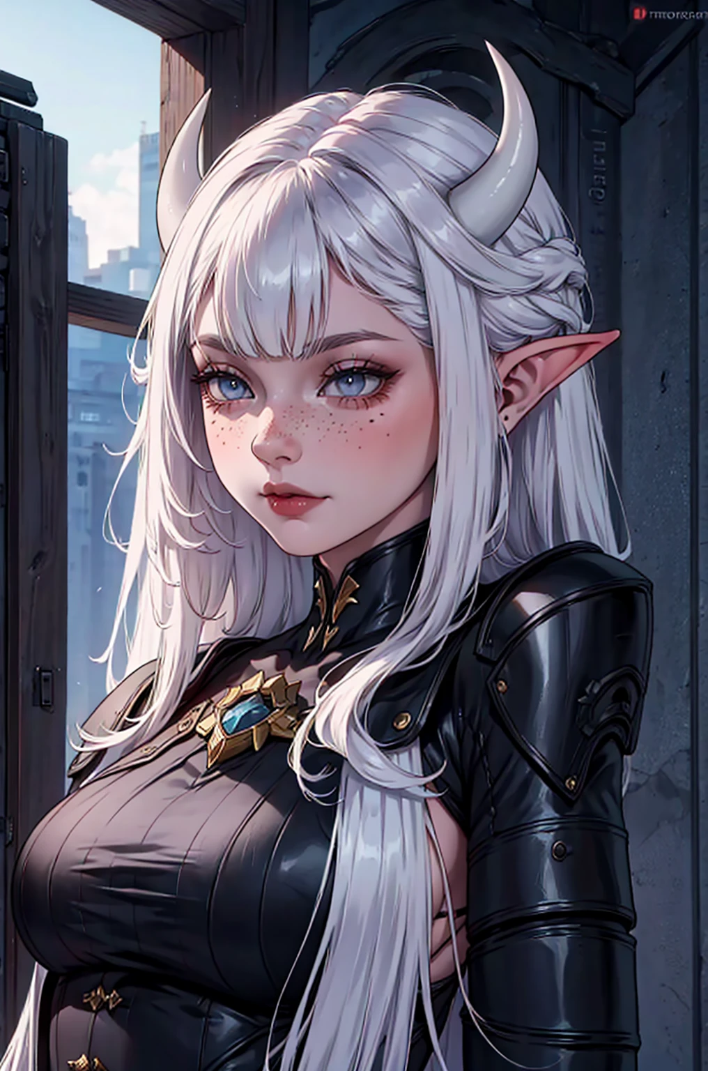 white demon horns, a close up of a big female, calm expression, portrait, big body, big elf girl with freckles, light grey eyes, pointy ears, freckles, many freckles on face, white horns, metal plate armor, unreal 5. rpg portrait, 8k portrait render, unreal engine 5, beautiful female elf, unreal engine character art, female character, female lead character, there is a woman in a black leather outfit posing for a picture, gorgeous goddess