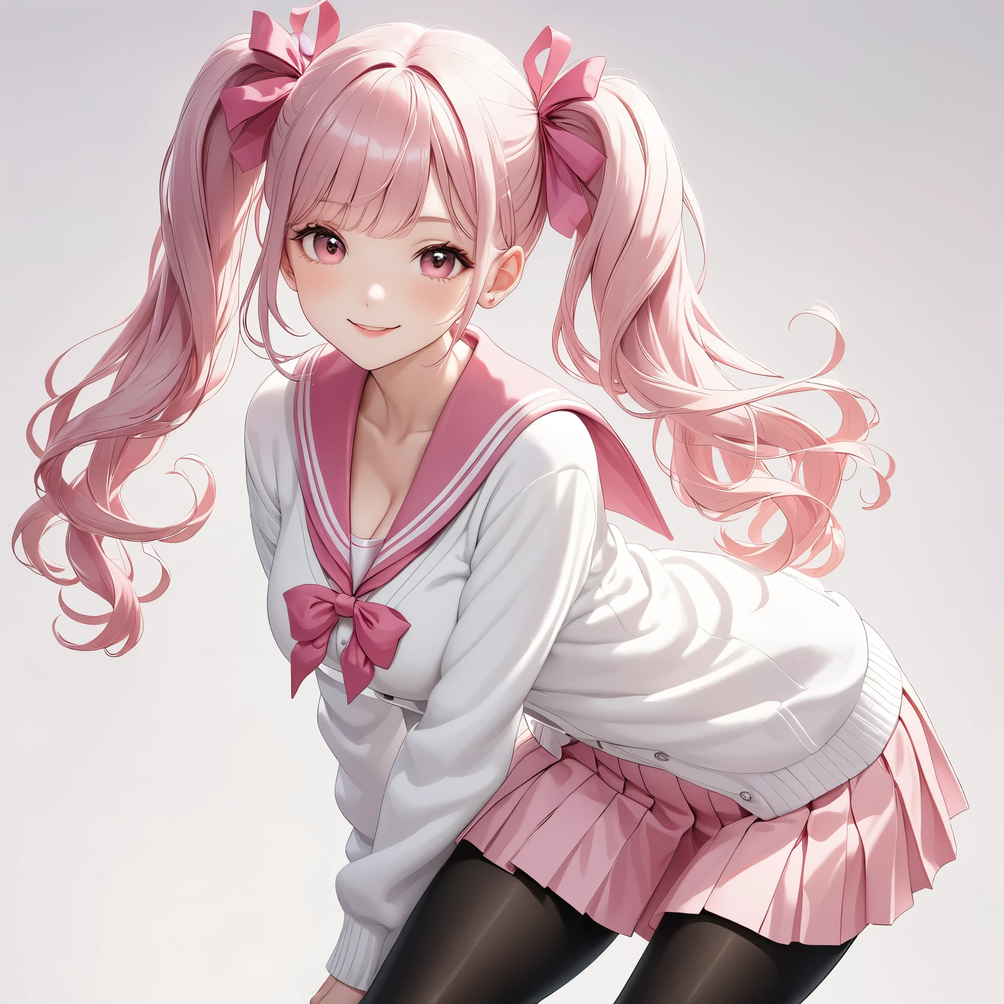 (8K, masutepiece, Best Quality, Official art, beautiful detailed, beautiful lighting, best masterpiece in history that exceeds limits), (1 Girl, Solo), (), (beautiful detailed face), (shiny white skin), (Beautiful big bust, cleavage, thighs:1.3), (beautiful detailed pink twin tails hair, Bangs:1.3), (beautiful detailed drooping pink eyes:1.5), (high school uniform:1.3), (white loose long sleeves long length cardigan, overly long sleeves, patsel pink sailor collar, pastel pink pleated skirt, patsel pink ribbon:1.3), (black_legwear, zettai_ryouiki, thigh_gap:1.2), (happy smile:1.2), (Attractive, sensational, look at the camera, cute pose, looking back:1.3), (simple white plain background:1.5),