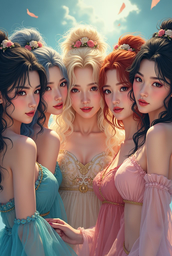 (((group_squeez, multiple girls, group portrait, 3 girls, women together))), ((18 yo, close-up, portrait, detailed face)) , fit , (young) , beautiful , (((pale skin, wavy blonde hair))), (((tight sweater t-shirt, busty cleavage, dreamy, loving stare, bright magical fairytale fantasy atmosphere, sexy))), flowers in hair, surrounded by flowers, happy, playful, ((large soft heavy breasts)), in love, ((((magical mist energy, hair flower)))), ((blush, pretty, elegant, oil painting, classic painting, cute, youthful, teen, teenager)), ((((tight t-shirt))))