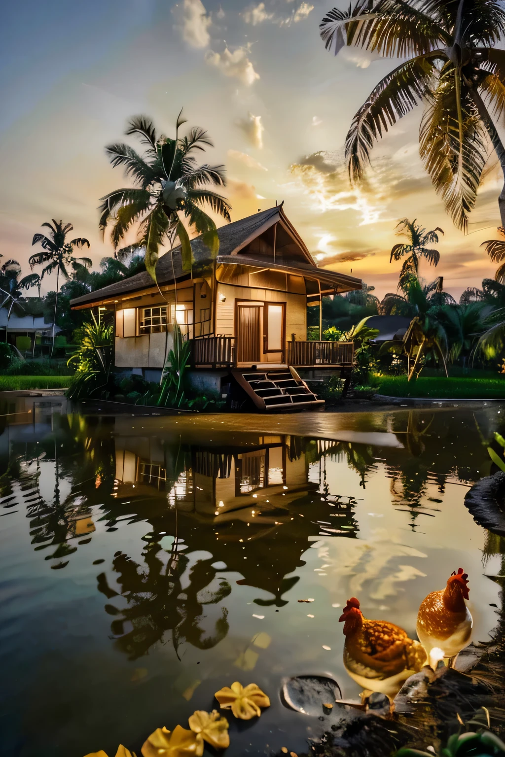 outdoortropicalhouse  little house  on riverside, garden, rice field, gold fish, coconut tree, dawn, chicken, tomato, tropical, dim light, 32k resulostionHigh Resolution, Glowing Light, HD, UHD, 