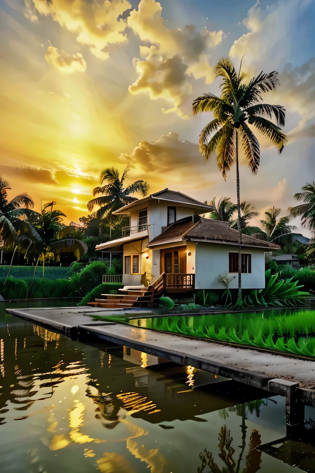 outdoortropicalhouse  little house  on riverside, garden, rice field, gold fish, coconut tree, dawn, chicken, tomato, tropical, dim light, 32k resulostionHigh Resolution, Glowing Light, 