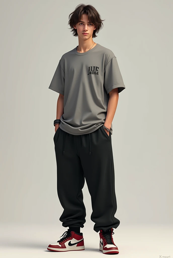 Create a photo of a teenage boy who wears oversized tshirt, dark baggy pants, black school shoes and a small women's handcarry bag