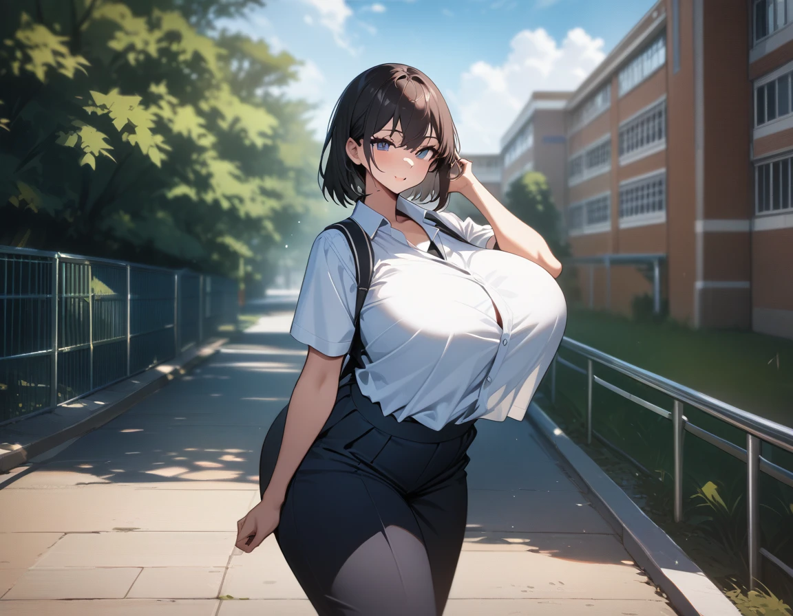 (The quality of a masterpiece, High resolution, Detailed background:1.25), (Alone, 1 High school girl:1.5), high school , At school, (cool, boyish:1.25), (Huge breasts:1.35), Looking at the viewers, laugh