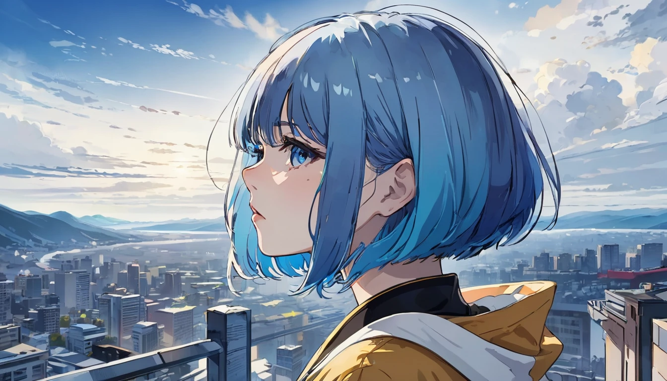 Illustrator, anime , Realistic ,sketch , Abstract background、body、Looking out over the sky, profile, Blue Hair,Short Bob、A girl on the right、Canadian, (masterpiece,Best Quality)、White gradient　