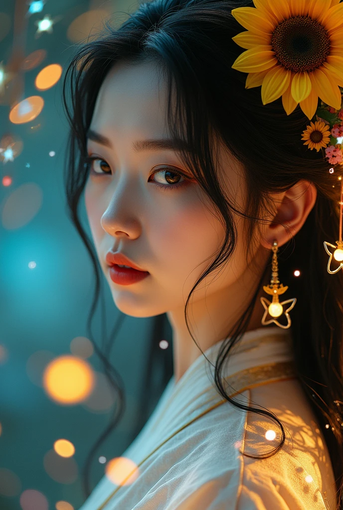 A woman with a bunch of fireflies in her hair, an ultrafine detailed painting, by WLOP, flowing black hair, porcelain, boris vallejo and ilya kuvshinov, detailed painting 32k, norman rockwell, ross tran, diablo 4 queen, beeple and james jean, fantasy art behance, cgsociety, ultra detail, digital painting.
golden patterns, golden and black spirit, liquid gold explosion, golden smoke magic, star dust, golden milky way, black background, magic fog, alcohol ink,