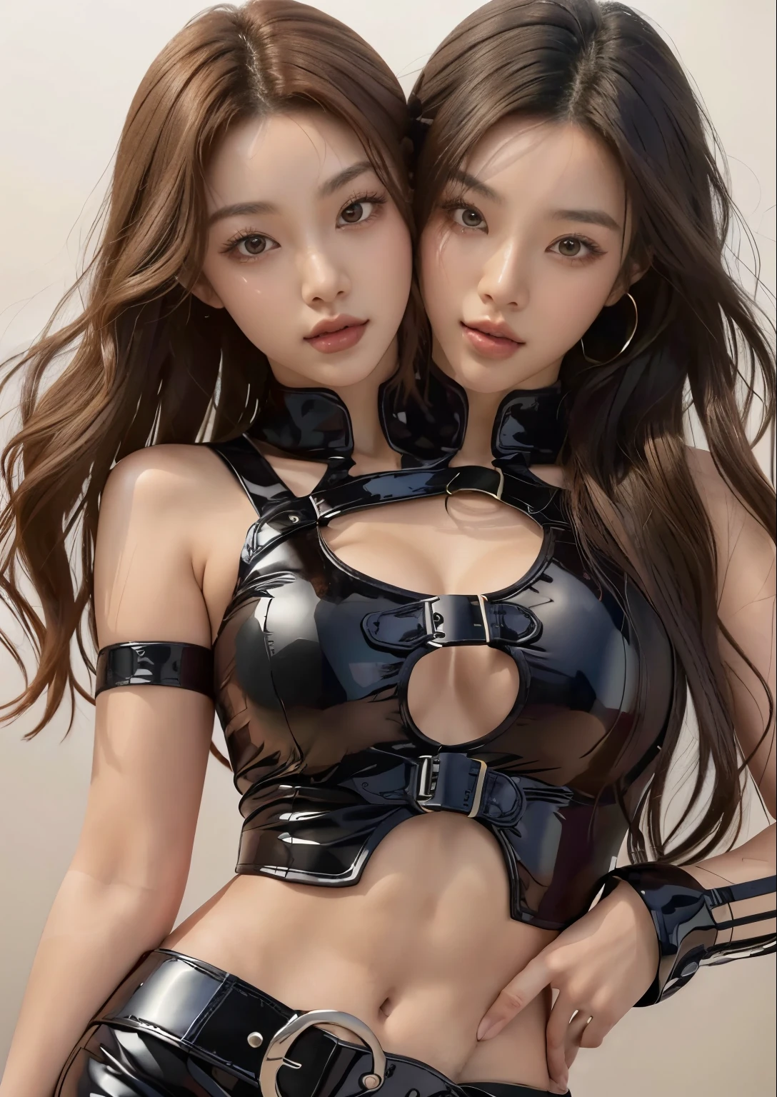 asian women, masterpiece,ultra highres,ultra detailed,best quality,
1girl,belt,clothing cutout,gradient hair,upper body, conjoined_dicephalus, (two heads:1.2)