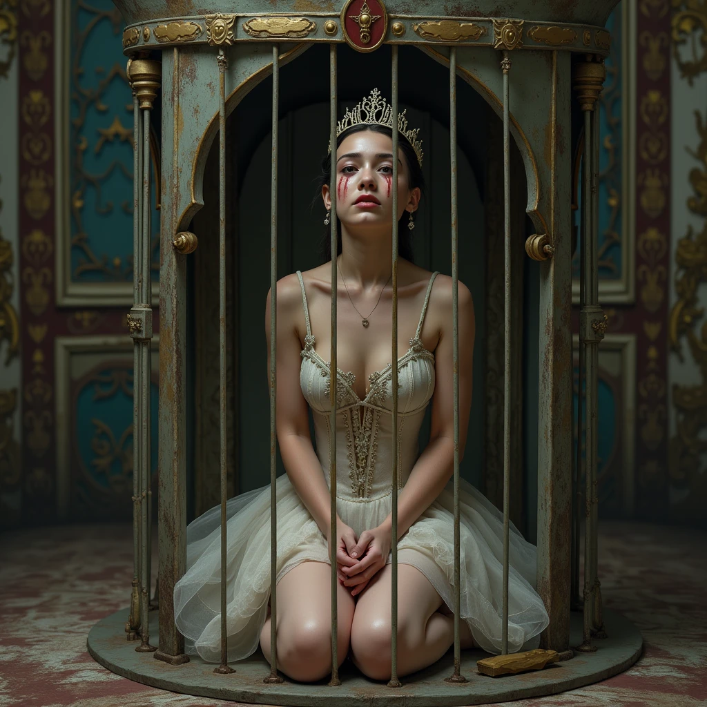 a girl wearing a beautiful ornate gown, trapped inside a highly detailed ornate gold birdcage, elegant detailed expression, dramatic lighting, cinematic, intricate details, baroque, dramatic colors, chiaroscuro