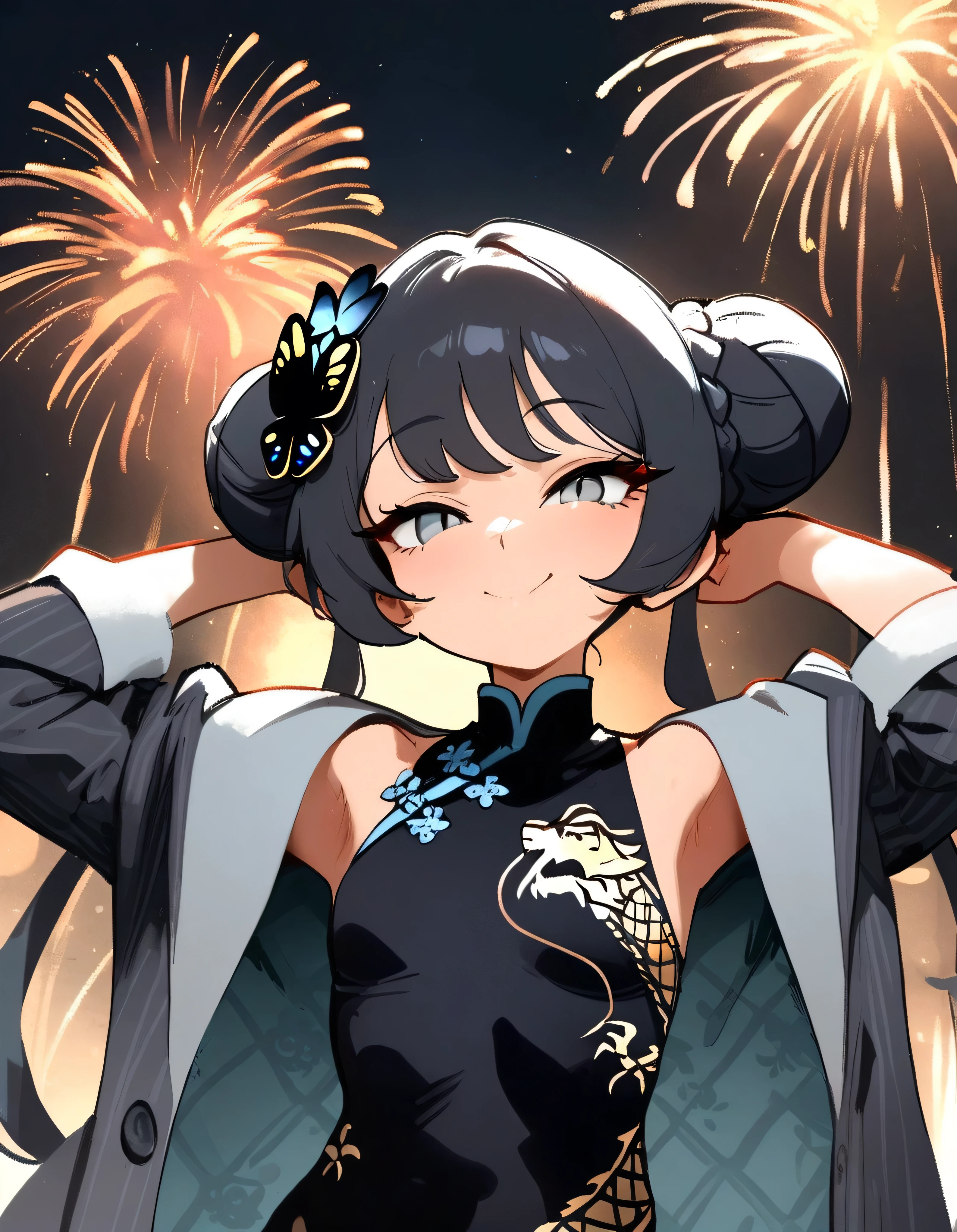 1girl, kisaki \(blue archive\), blue archive , \\\\\ masterpiece, best quality, newest, ///// nyantcha, khyle, cutesexyrobutts \\\\\ highres, absurdes. , solo, naughty smile, straight-on, black hair tied in a bun, with two longer strands framing her face and side-swept bangs. She has two butterfly decorations that hold her bun firmly and grey eyes. small girl, china dress, fireworks, night, coat, arms behind head, braided double buns