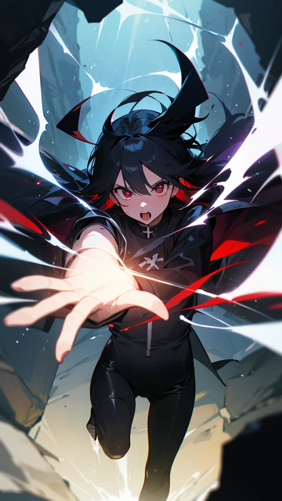 A black haired girl with red pupils with cursed magic 