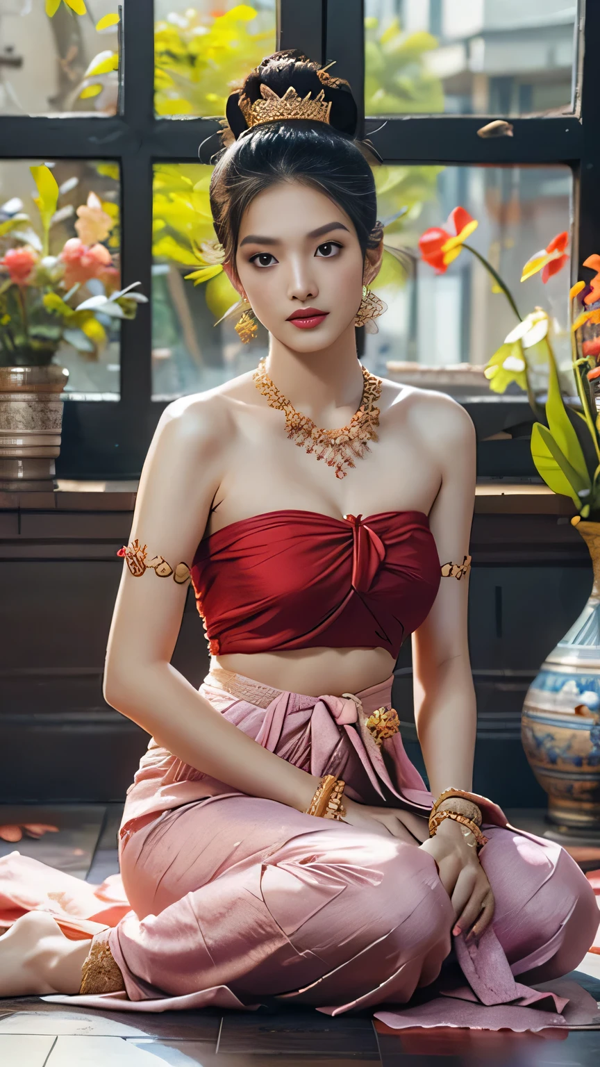 masterpiece, highest quality, HDR, high contrast,    ((beautiful girl, Thai Female Soldier)),   bun hair,  highly detailed lips,     detailed eyes,     double eyelid,    Make-up face.     necklace

((flchut thai dresses, strapless shirts)),

long legs_full body,     elegant sittings.  on the floor.     in front of the window.     flower view. flower view.    flower view.      flower view