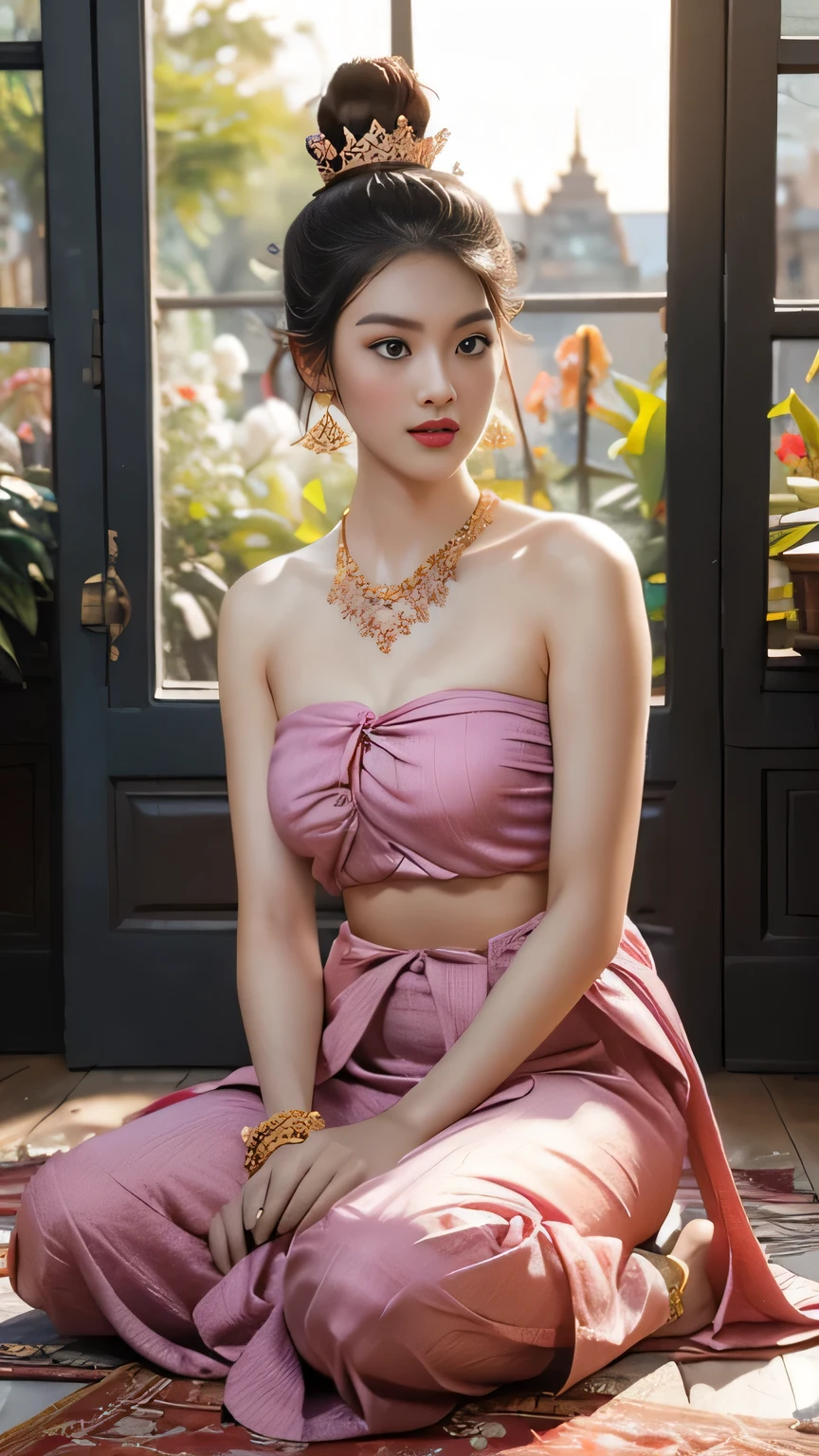 masterpiece, highest quality, HDR, high contrast, ((beautiful girl, Thai Female Soldier)), bun hair, highly detailed lips, detailed eyes, double eyelid, Make-up face. necklace
((flchut thai dresses, strapless shirts)),
long legs_full body, elegant sittings. on the floor. in front of the window. flower view. flower view. flower view. flower view