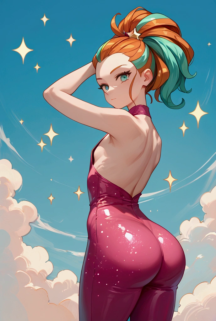 a beautiful nude woman with big messy hair, side ponytail, curvy, full body, rossdraws cartoon vibrant, cute detailed digital art, colorfull digital fantasy art, digital fantasy art ), glossy digital painting, pastel vibrant