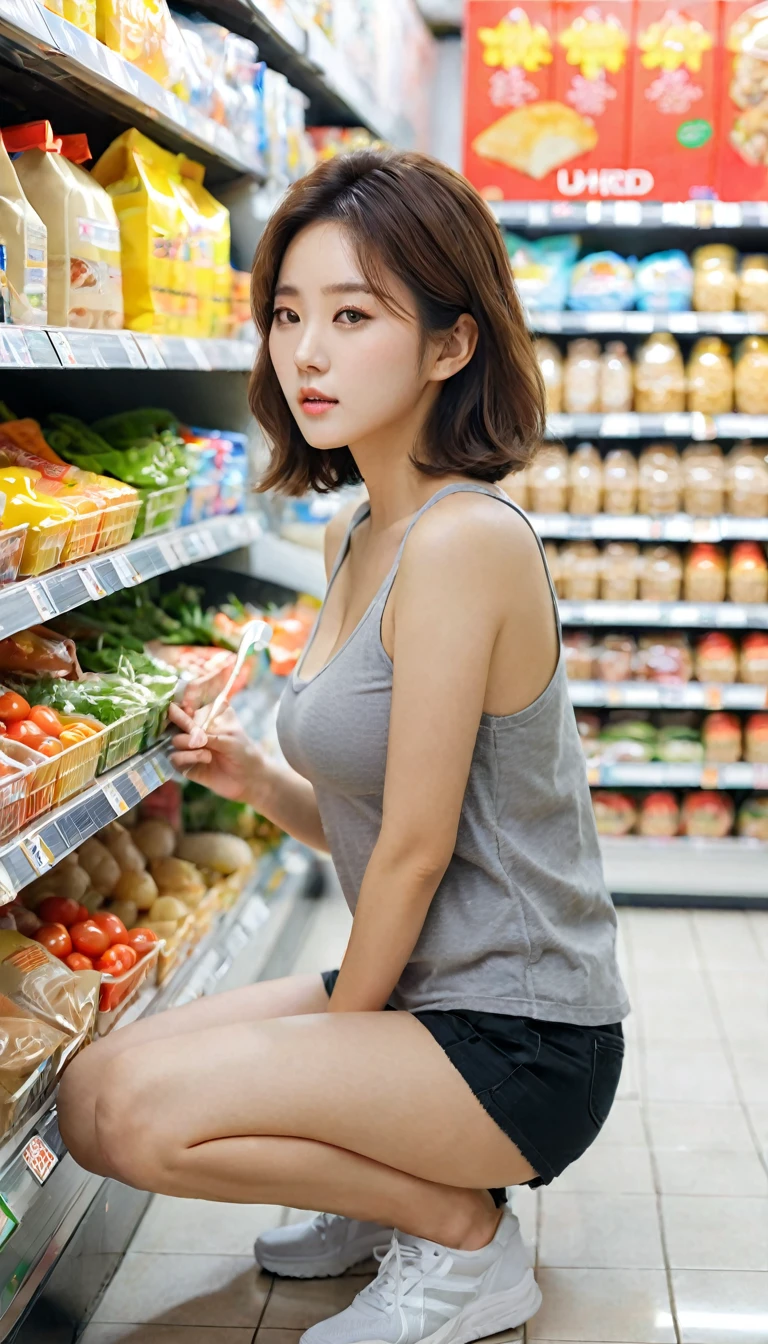 (Young beautiful woman)、(Spread your legs wide)、(Wearing a hooting from below)、Peeking up a skirt and taking a photo、Blushing, Blushing、Staring at the camera、Food section of a supermarket