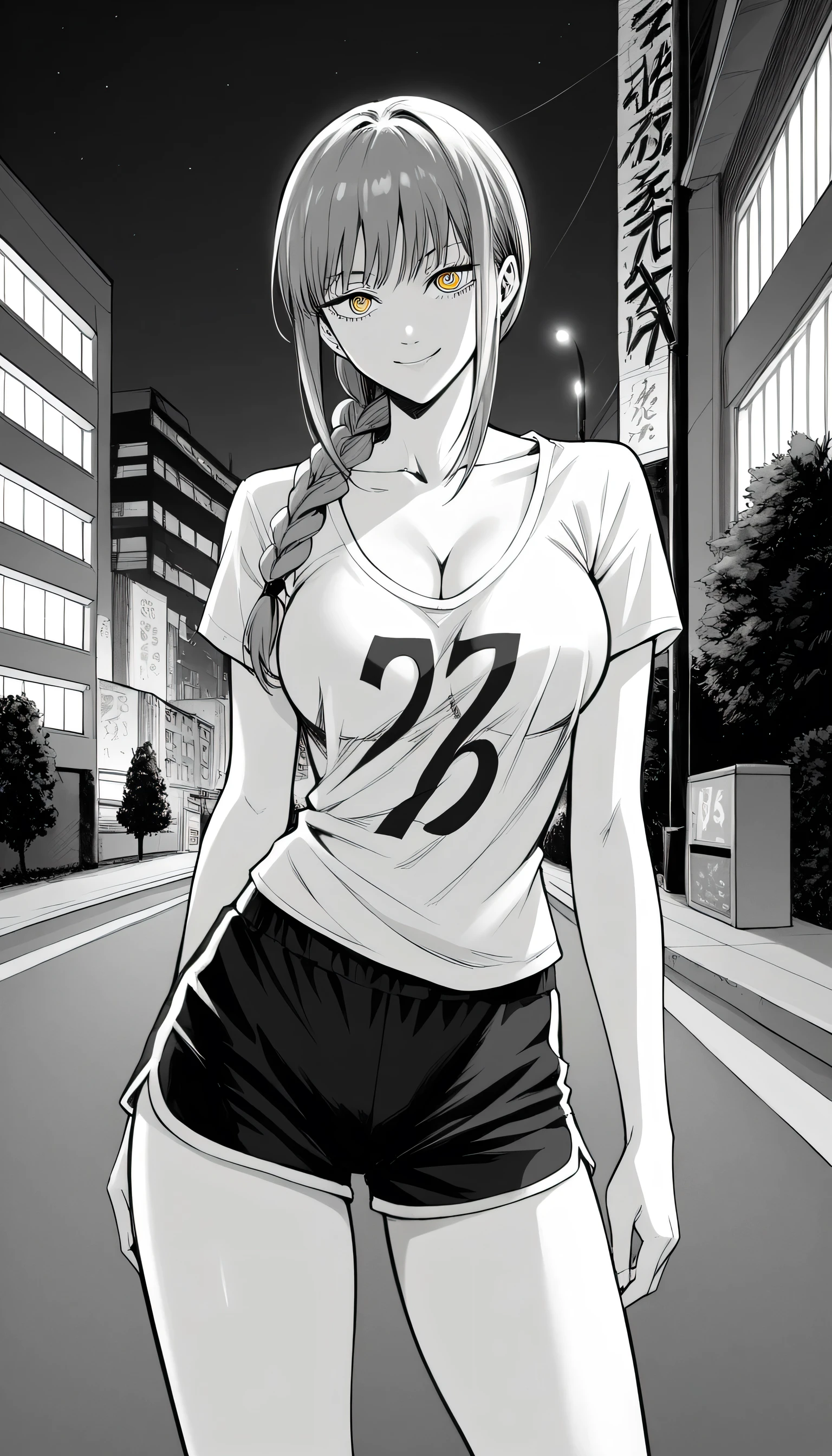 score_9, score_8_up, score_7_up, score_6_up, 1girl. greyscale, adult woman, large breast, thicc thighs, long legs, Makima, chainsaw man, red hair with single braid, yellow eyes, t-shirt, dolphin shorts, cleavage, smile, night, city, outdoors, standing, collarbone, manga style, anime aesthetic, expressive faces, bold outlines, detailed background, dynamic pose, seinen style, cross hatching, high resolution, high quality, ultra detailed, super defined, sharp focus, crisp lines, ultra realistic, perfect lighting, perfect composition, perfect proportions, perfect perspective, perfect mood, shaded with crosshatching, crosshatching details, crosshatching technique 
