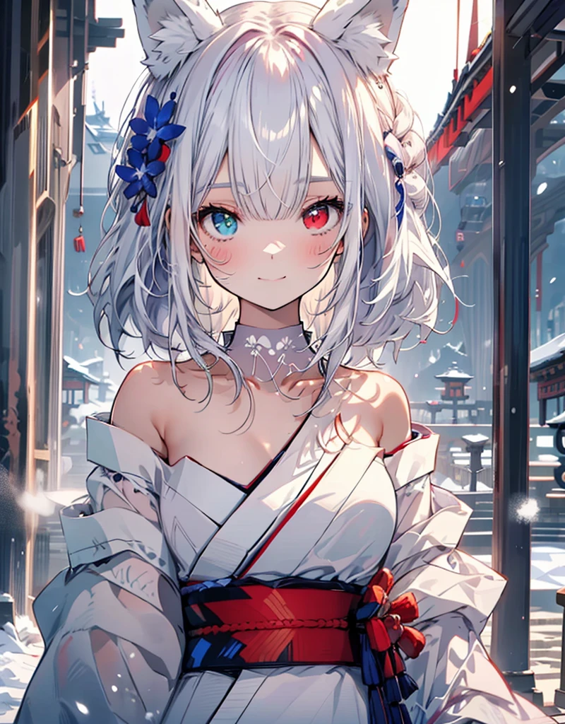 [[[ ultra-detailed, best quality, soft skin, beautiful, 4K]]] white hair, white fox ears, perfect blue and red eyes (heterochromia, tied-up hair, slender body, dynamic angle, white choker, white and blue upper loose kimono (off shoulders kimono ) , white fox ears, calm expression, female, snowy palace gardens background, serious). walking angle, ((little horny smile)), bare shoulders,  easy like, scenery, ((WHITE FOX EARS)) 