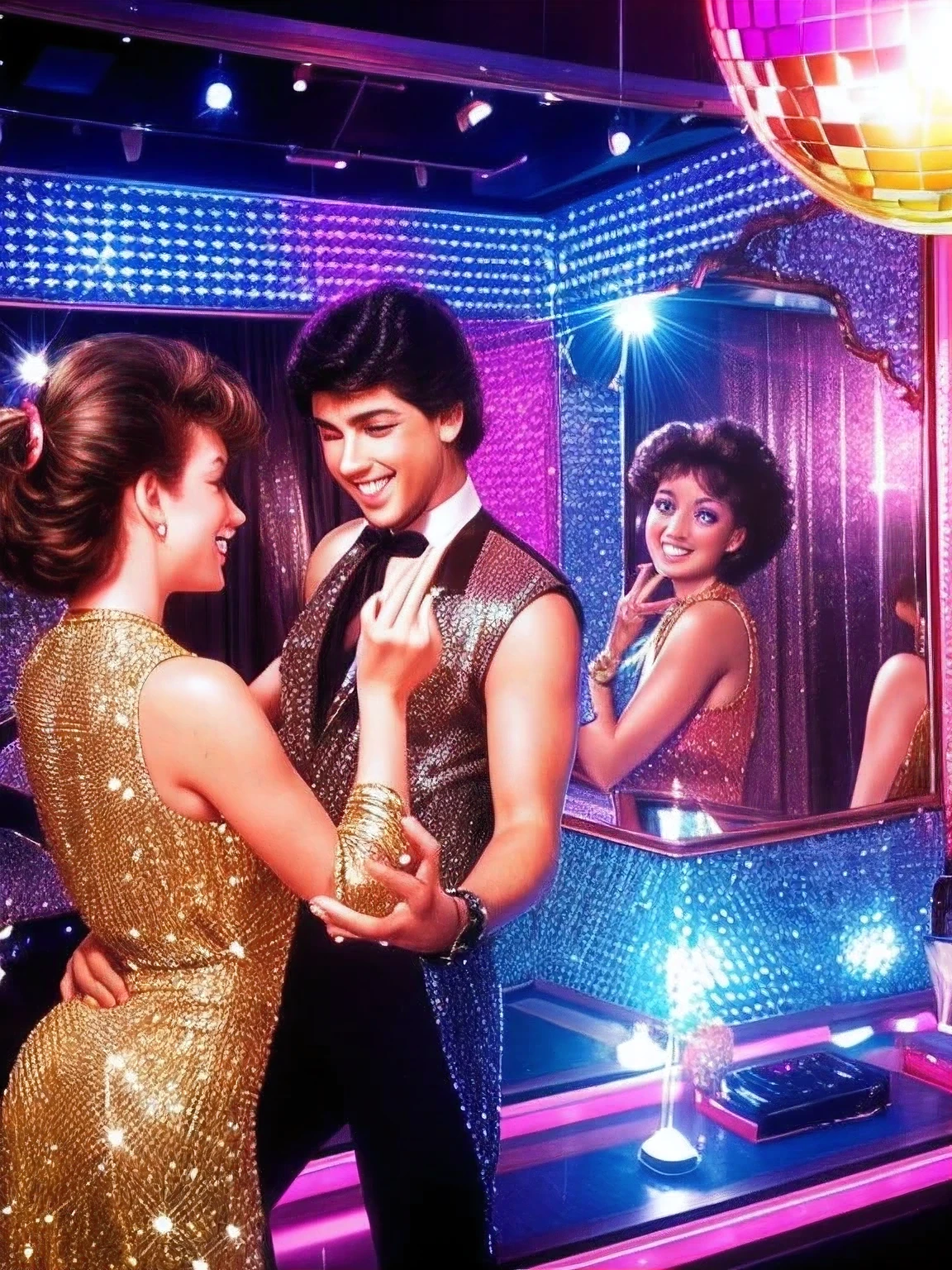 Man and woman dancing to 80's disco music in a nightclub, con ropa elegante y una esfera de espejos.