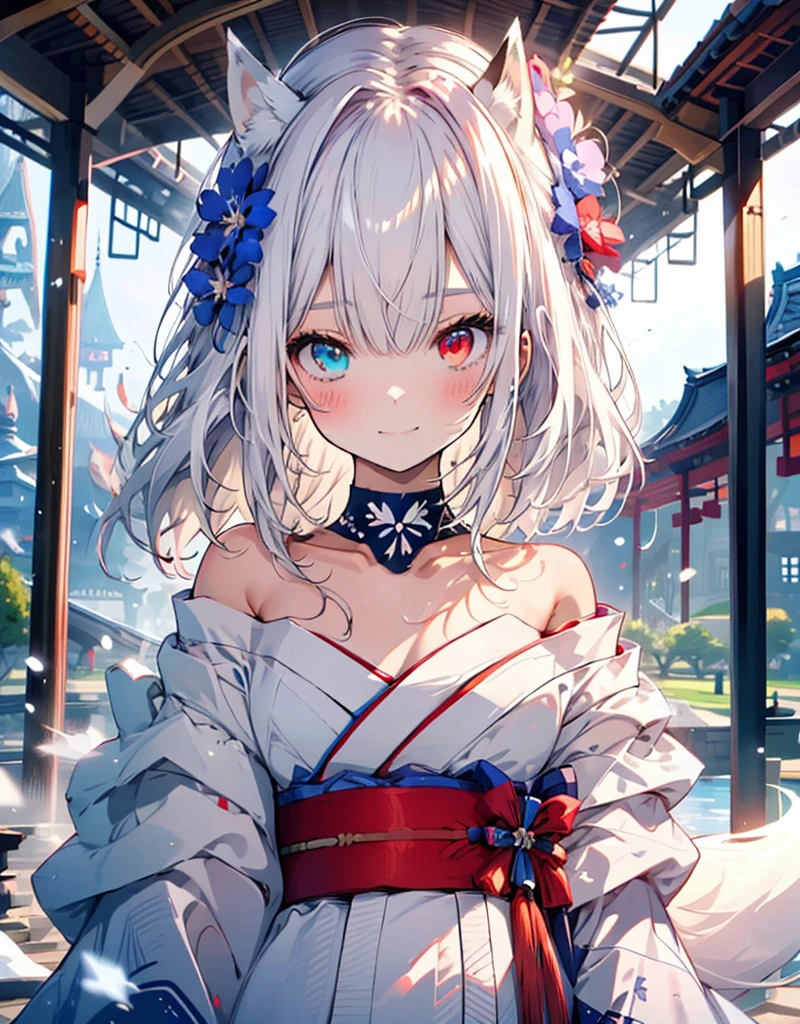 [[[ ultra-detailed, best quality, soft skin, beautiful, 4K]]] white hair, ((white fox ears)), perfect blue and red eyes (heterochromia, tied-up hair, slender body, dynamic angle, white choker, white and blue upper loose kimono (off shoulders kimono ) , white fox ears, calm expression, female, snowy palace gardens background, serious). walking angle, ((little horny smile)), bare shoulders,  easy like, scenery 