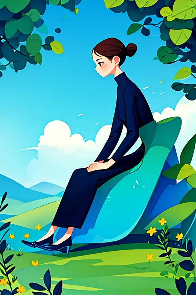 masterpiece, high quality, flat illustation, solid colours, minimal details, flat illustration, 1girl, ***, mixed race, sitting, garden, , minimalist, J_web_illustration