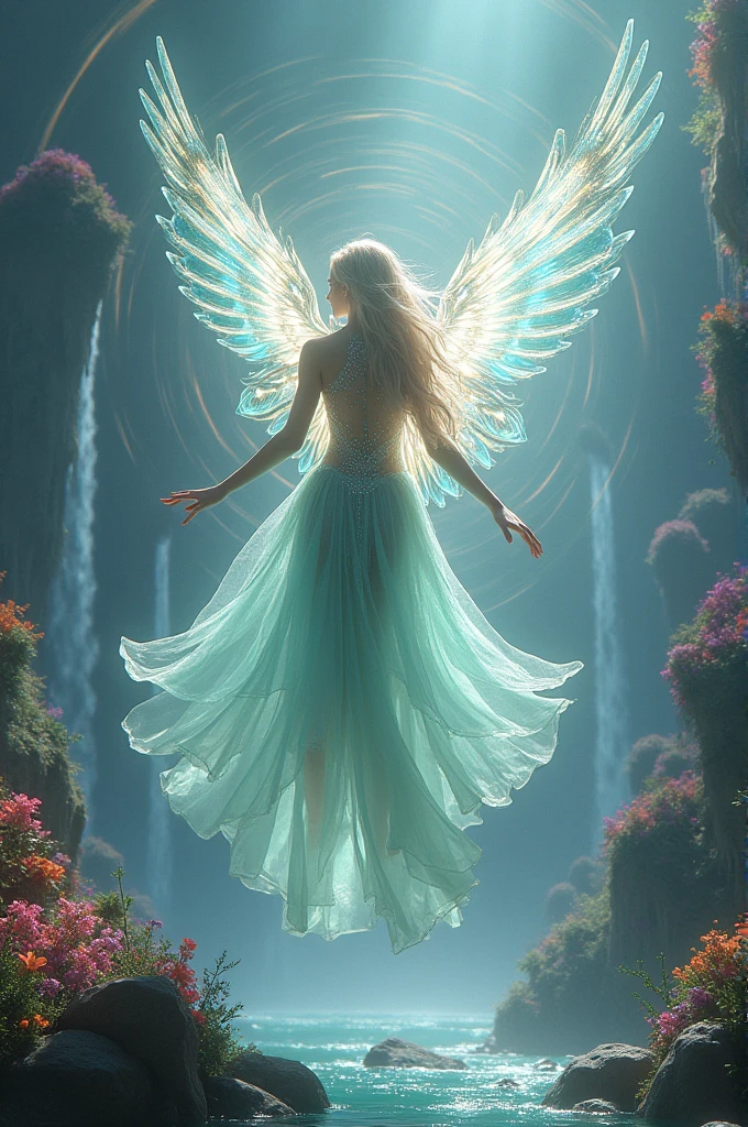 A garden submerged in a lake , with a blue fairy and a golden Star of David and Saturn nearby 