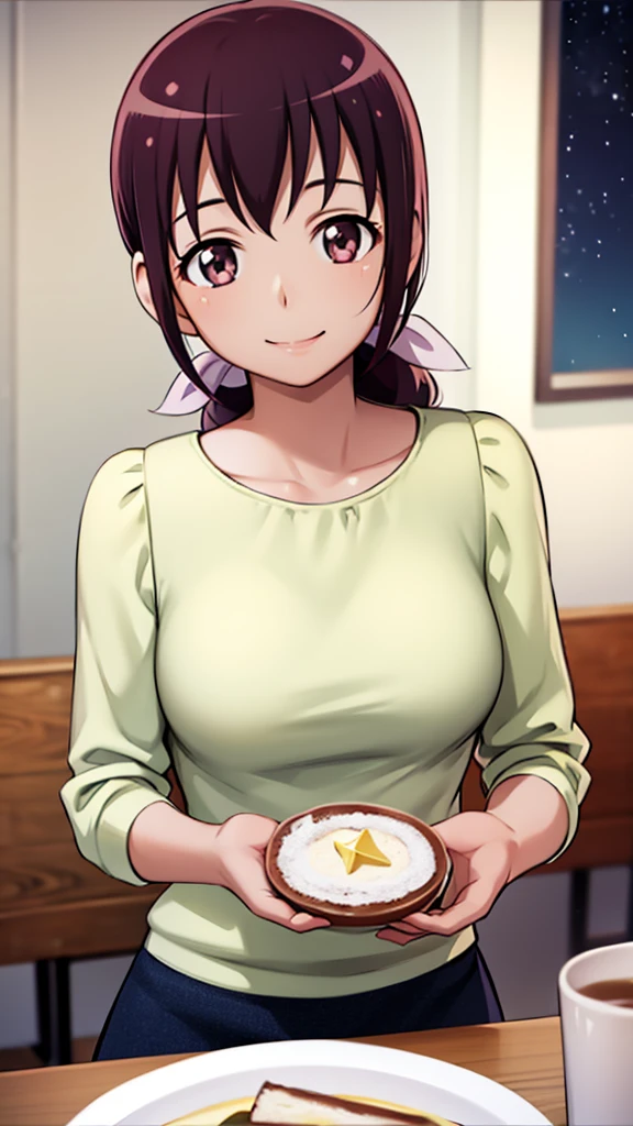 Starry Sky Nurture, Hair tied back, young face, cake on the table, happiness, smiling face 