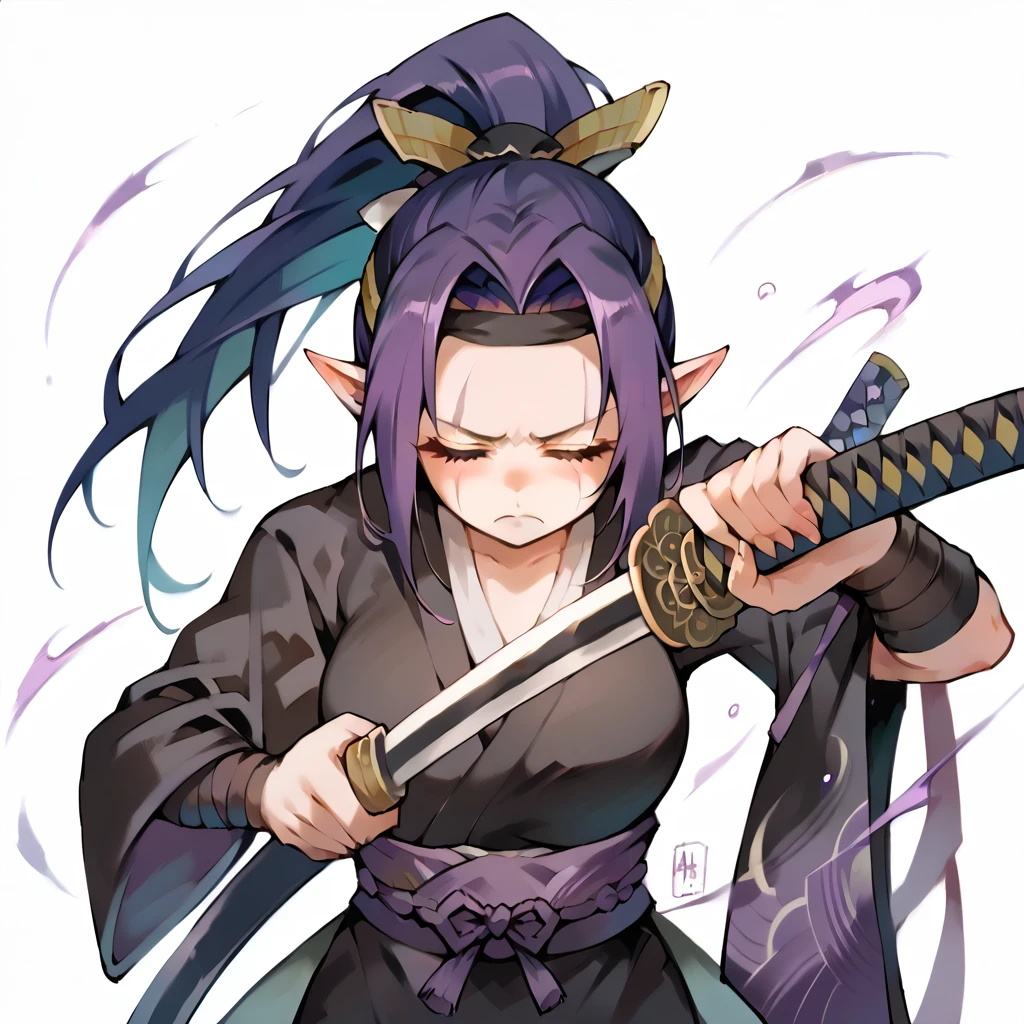 1girl, Solo, Closed Eyes, Purple Ponytail, Breasts, Long Pointy Ears, Closed Mouth, Frown, Blind Girl, Black Samurai Clothes, Simple Background, Hairband, Scar Across Eye, holding a katana, tall girl, pretty face, POV