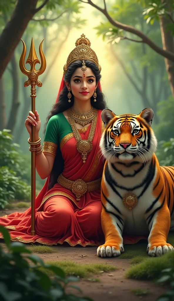 "Create an ultra-realistic image of the beautiful Goddess Chandraghanta, depicted in her divine form, wearing a royal blue saree with a matching royal blue blouse. She looks like a newely wedded bride. The saree should be richly detailed with intricate gold embroidery, symbolizing her royal status and celestial power. Her skin should glow with a soft, radiant light, reflecting her divine nature. Her face should be serene yet powerful, with large, compassionate eyes that exude both grace and strength. A serene smile should adorn her face, conveying her peaceful nature and her commitment to the welfare of her devotees, she have extreme long hair, beautiful hair, long flowing hair, long wavy hair.

(((((((((There is a ((((((extreme very big purely white shining half moon)))))) on her tiara.)))))))))

She has only two hands.
In the right hand she is holding a majestic designed extreme big bow.
In the left hand she holds majestic big arrows.

She should be riding on an extremely large and powerful tigress, symbolizing her strength, courage, and readiness to protect her devotees. The tigress should have a fierce yet loyal expression, perfectly complementing the goddess's commanding presence.

The background should be a celestial landscape, with soft, glowing light that enhances the divine atmosphere. Elements like the moon and stars should be subtly incorporated to reflect her connection to the celestial realm. The overall image should capture the essence of Goddess Chandraghanta’s beauty, strength, and protective nature, presented in a highly realistic and detailed manner, with her mount emphasizing her power and readiness for battle."