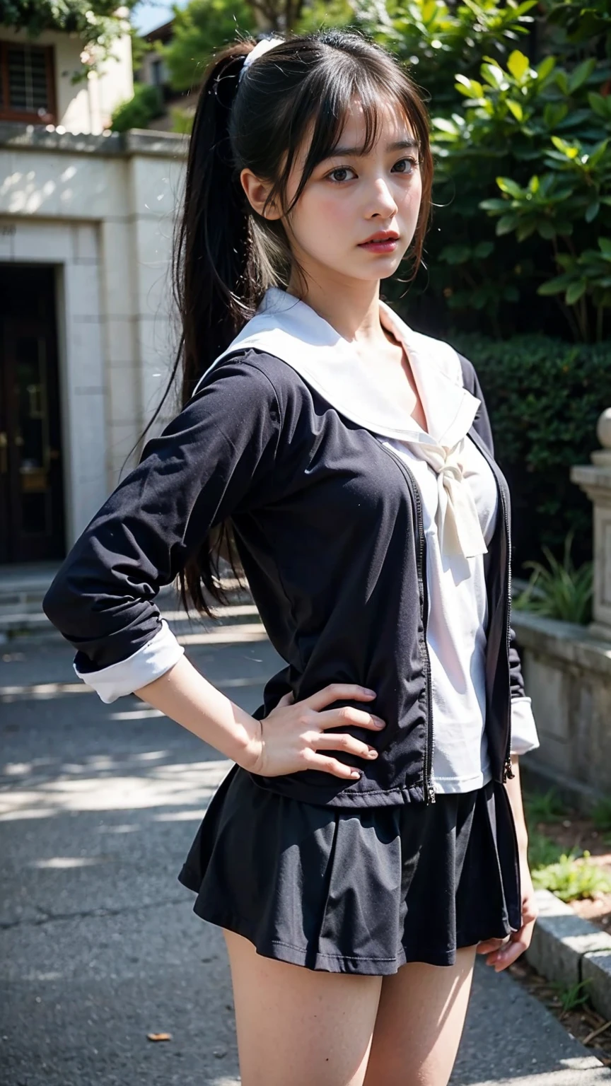 A cute girl is confined and tied up、Beauty、Make your eyes even、My hands are tied with ropes、Inside the mountain hut、White short-sleeved shirt、Navy semi-long skirt、Standing in front of a wall、Age 25、Medium build、Like real life、highest quality、