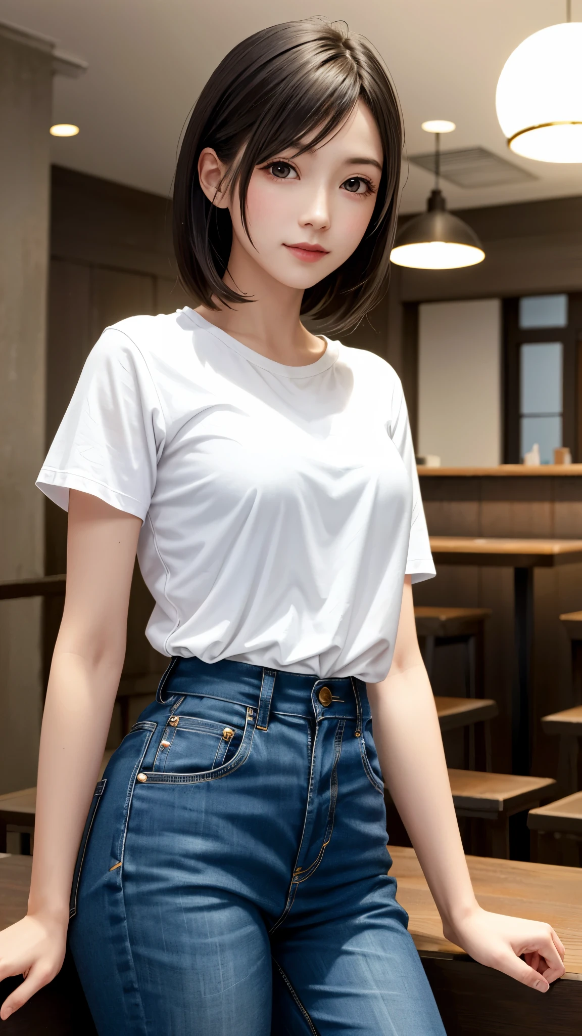 High resolution, Highest quality, super high quality, Very detailed, 8K、Embarrassing、Sweaty、Sweat、Embarrassing、(masterpiece:1.2, Highest quality), (Realistic, photoRealistic:1.4), Beautiful illustrations, (Natural Side Lighting, Cinema Lighting), View your viewers, whole body, 1 Girl, Japanese, high school girl, Perfect Face, Cute and symmetrical face, Shiny skin, Baby Face, (,Black Hair)black eye, Big eyes, Droopy eyes, (Center of chest, Captivating thighs, Big Ass)