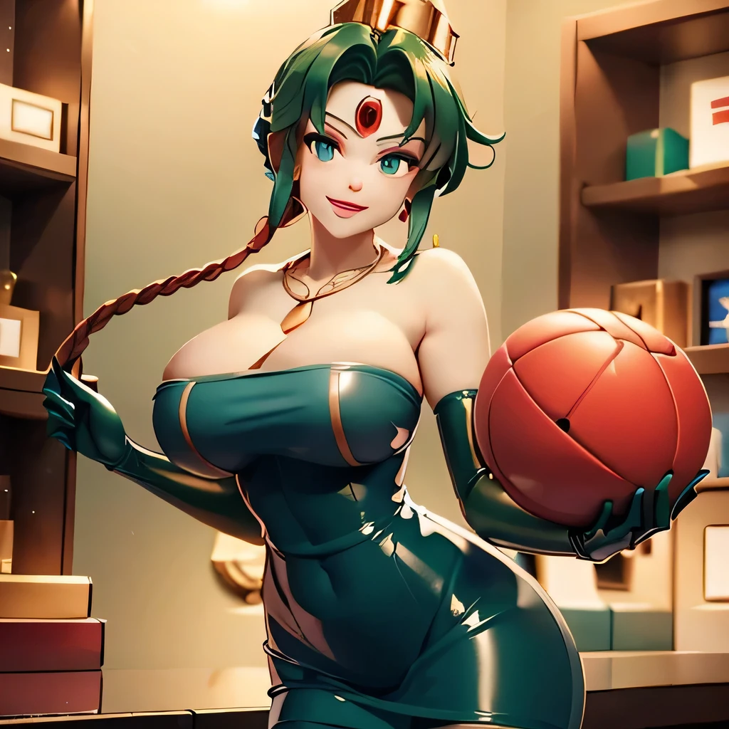 (masterpiece,best quality,ultra-delicate,Perfect Face,16k,high resolution,very beautiful woman), deep green hair,the hair in the back is very short:1.5,blue latex bodycon dress, long latex gloves, light green tights:1.3, large breasts, large red ball and tall cylinder shape gold headpiece connected by a rope:1.3, white skin:1.3, red gem on forehead ((cosmetics counter)), gold necklace, smile