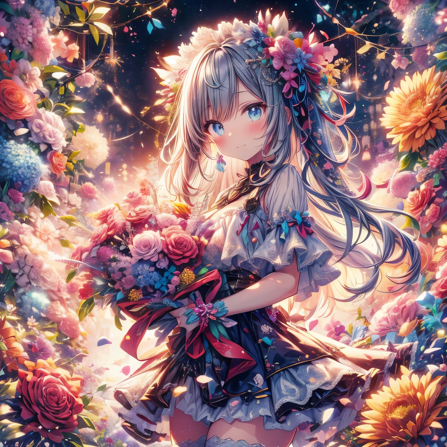 An anime illustration of a girl holding a colorful bouquet among glowing flowers filling the screen, a wonderful piece of work drawn with great precision, this illustration is artistic and fantastically drawn, masterpiece, best quality, extremely detailed CG unity 8k wallpaper,