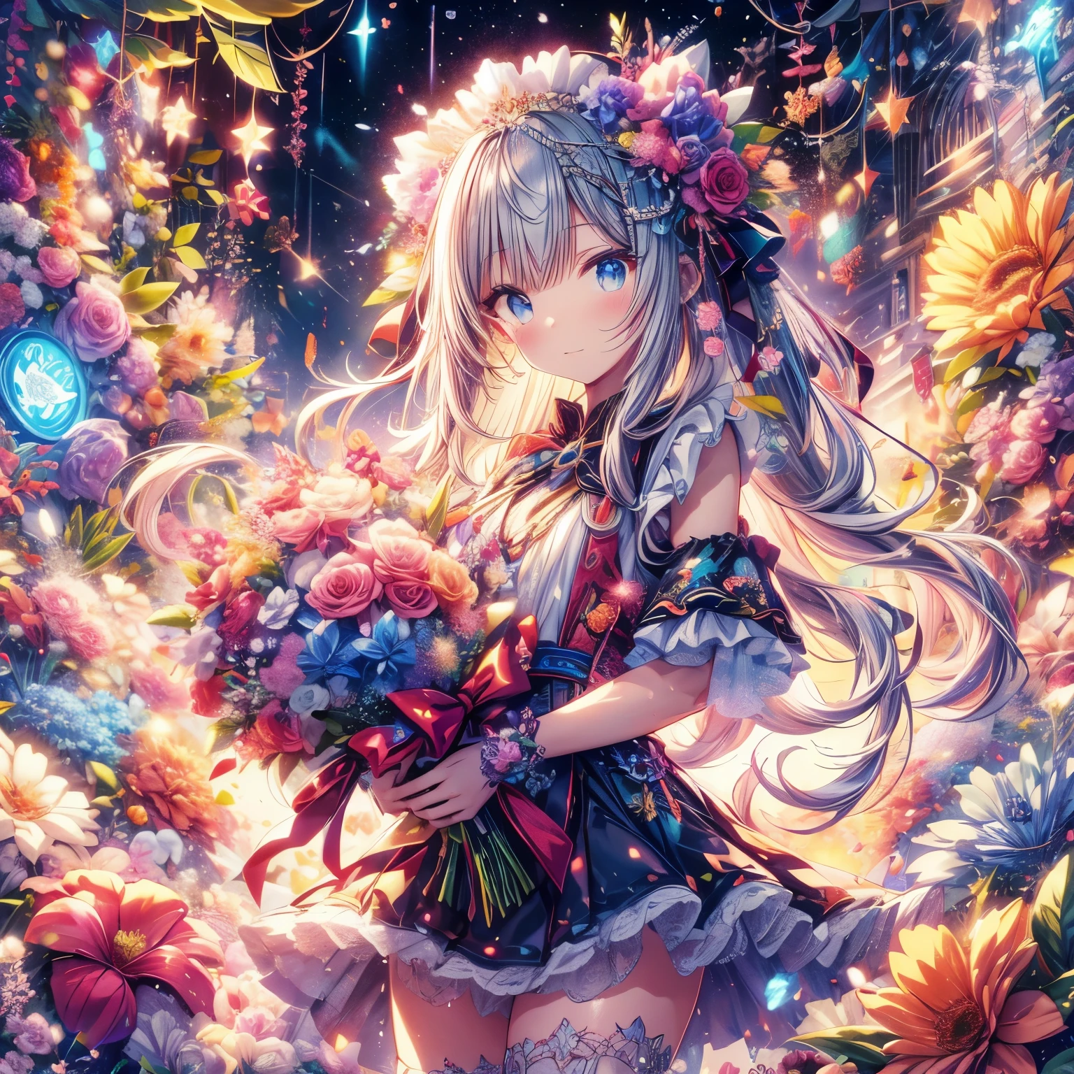 An anime illustration of a girl holding a colorful bouquet among glowing flowers filling the screen, a wonderful piece of work drawn with great precision, this illustration is artistic and fantastically drawn, masterpiece, best quality, extremely detailed CG unity 8k wallpaper,