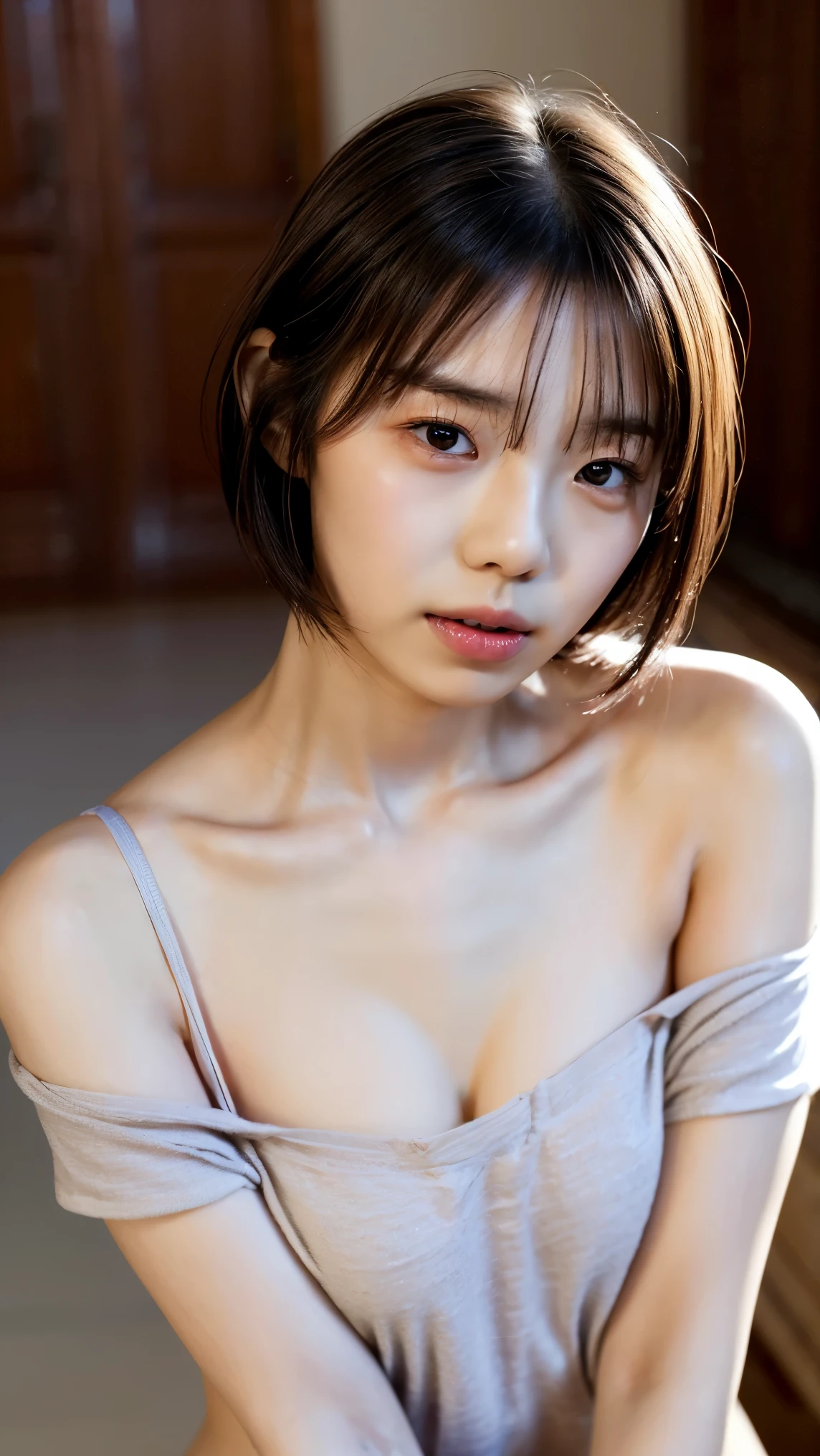 ((Petite women, Sensual woman, No makeup, 柔らかい笑face)), (((Small eyes, length, Narrow eyes, Black Hair, Short Bob Hair))), (Full body portrait, Short Hair, Small breasts, Wearing a white T-shirt, Protruding nipples, Thick pubic hair), White skin, Glossy pale lips, skinny, Body Type, Delicate and sexy collarbone, Best Quality, RAW Photos, Realistic, face, so beautiful, cute, Depth of written border, High resolution, 超detailed, detailed, Very detailed, extremely detailed eye and face, Sharp pupils, Sharp focus, Cinema Lighting