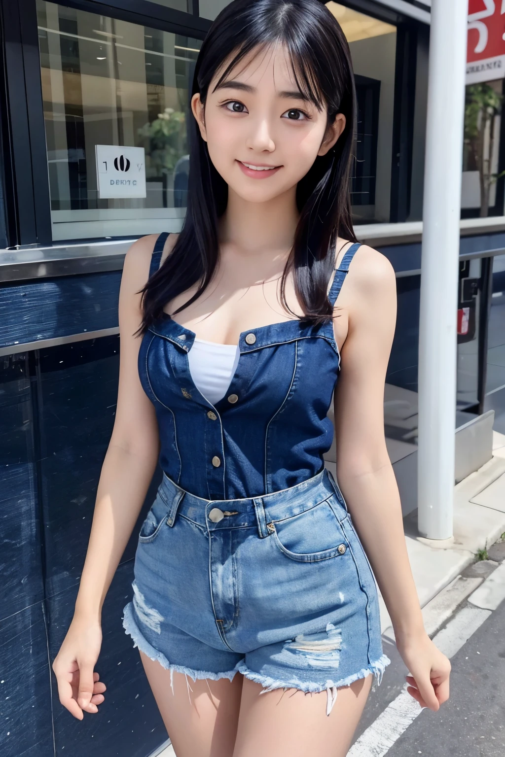 masterpiece, Best Quality, High image quality,High School Girl 10.0,Very detailed,Asian Beauty,(Smile 1.1),Iris,Natural Beauty,Cinematic,(Volumizing breasts),Showing from the knees 10.0,Supple and soft limbs,Narrow eyes and light eye makeup,Smooth under-eye bags,Very detailedなな目と顔,Glossy Lips,Inner thighs,Sparkling eyes,(Medium Hair:1.1),(Walking around town),(camisole:1.2),(Denim shorts:1.2)