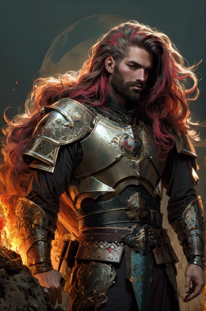 A beautiful warrior man in a fantasy fire, sagittarius, detailed eyes, detailed lips, medieval armor, flowing hair, heroic pose, dramatic lighting, digital painting, vibrant colors, cinematic, highly detailed, 8k, photorealistic, bow, cosmos