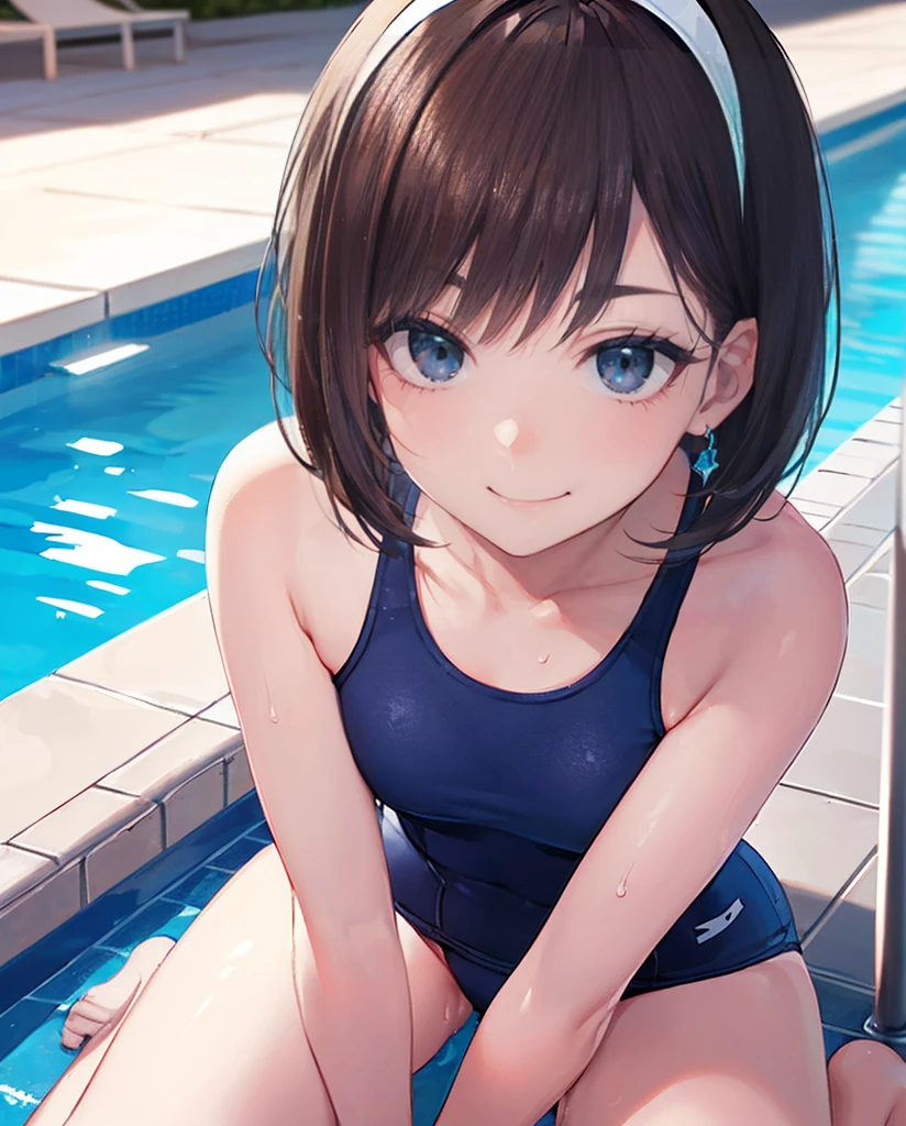 Best Quality,High resolution,unity 8k wallpaper,(shape:0.8),(Beautiful and exquisite:1.6),Detailed face,Perfect lighting,Detailed CG,(Perfect hands, Perfect Anatomy),Young woman,Slender,Medium Hair,Bob,Brown Hair,blue eyes,school swimsuit,pool side,sweat:1.3),(Eyeliner:1.3),(eyebrow:1.3),(Hairbands:1.3),Spread your legs,straddle