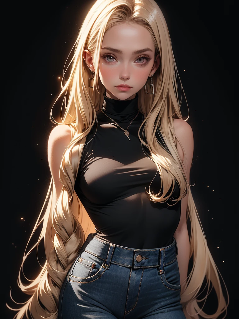 (best quality), 1girl, female, porcelain skin, blonde hair, straight hair, bangs, medium hair, swoopy tips, brown eyes, perfect eyes, black turtleneck, jeans, skinny body, petite, small bust, shy, masterpiece, anatomically correct, highres