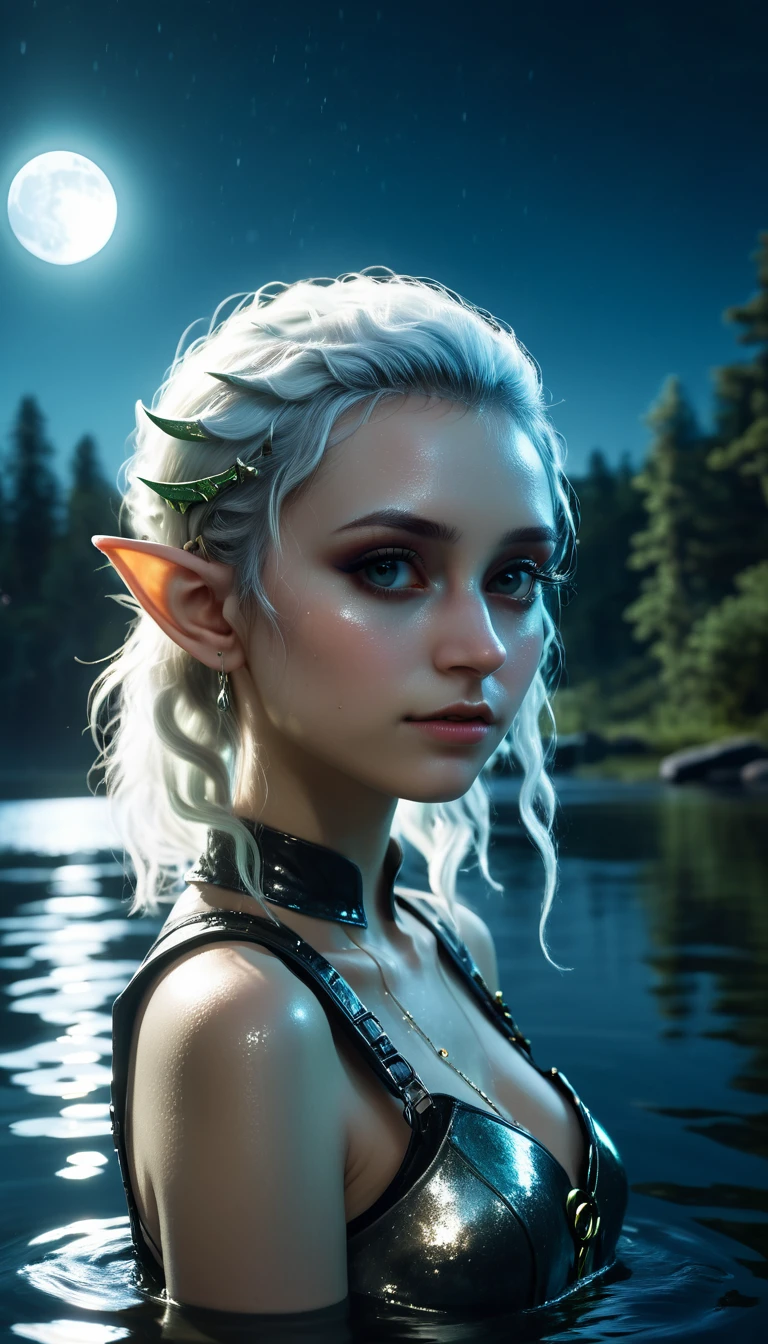 Aewin is a beautiful ethereal female elf sorceress, white-gold hair, in the style of Boris Vallejo, naked, high detail face, high detail skin, strong athletic body, perfect proportions, Heavy Metal aesthetic, bathing, elvish baths background, high quality, masterpiece, realistic photo, intricately detailed, 8k, HDR, shallow depth of field, wide light, high contrast, backlight, light flares, sharp focus, RAW color photo, bokeh, looking at the camera, cool colors, various poses, wet skin, wet hair, crawling on hands and knees