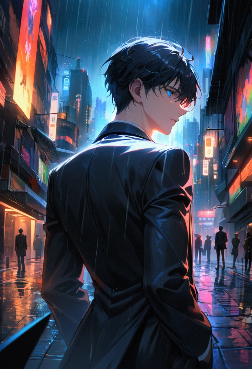A young man with black hair, blue eyes, a black suit stood with his back turned half-face smoking a cigarette in his room at night.