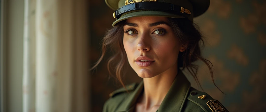 soldado feminino, com traje do exercito com detalhes complexo, Altura total, hiper-realista, pequenos detalhes insanos, linhas extremamente limpas, 8k UHD, DSLR, grain of film, Pintura fotorrealista, Fujifilm XT3, Arte MidJourney, ((autoretrato do rosto frontal com zoom aproximado, Photography movie cinematic))