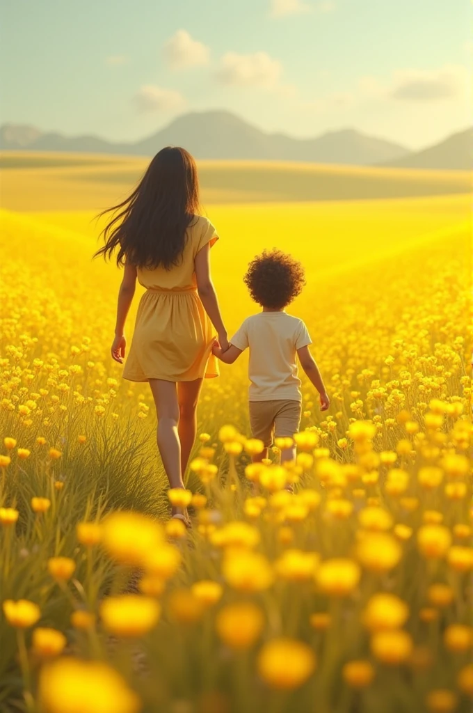 A Brazilian woman from behind with long black hair and bangs, with a 3 year old blond son on his back, son's slightly voluminous hair, with a chocolate labrador in a field
