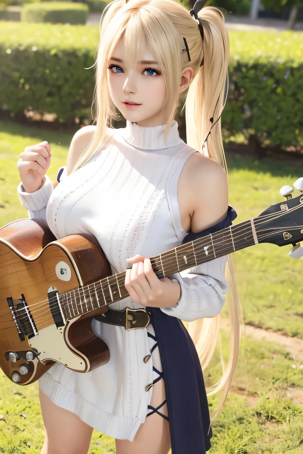 Playing electric guitar, Marie rose, , adorable girl, chilrie rose, Blonde hair, Double buns, (((Oversized Knit dress))), Selfie, standing, upper body, Looking at viewer, Garden, (high saturation:1.0), (extremely detailed skin), (best quality:1.0), (ultra highres:1.0) ,(photo realistic:1.0), (ultra detailed:1.0), (8k, RAW photo:1.1),(see-through:1), (smile, looking at viewer:1), ((Natural huge tits)), Blonde hair, Double buns, Masterpiece, playing guitar
