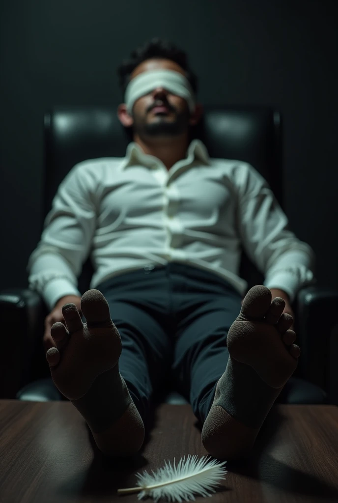 There is a handsome young Malay businessman from Malaysia named Haqiem hands,legs with black socks tied with ropes to the chair and eyes covered with cloth A man opened Haqiem shoes and tickled Haqiem soles with chicken feathers Haqiem laughed uncontrollably because his manly black sock soles  were being tickled